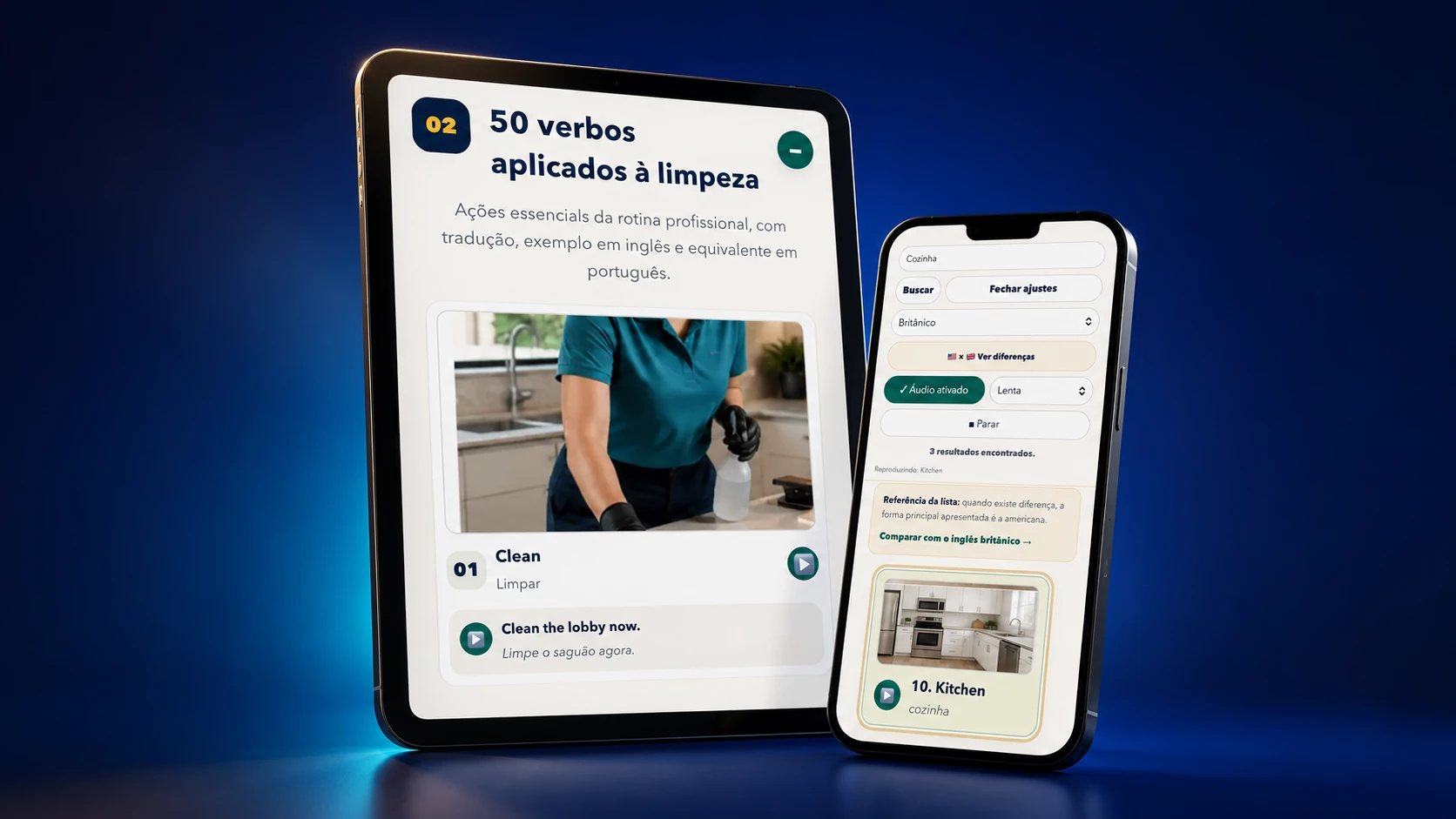 Cleaner English aberto em um tablet e em um celular