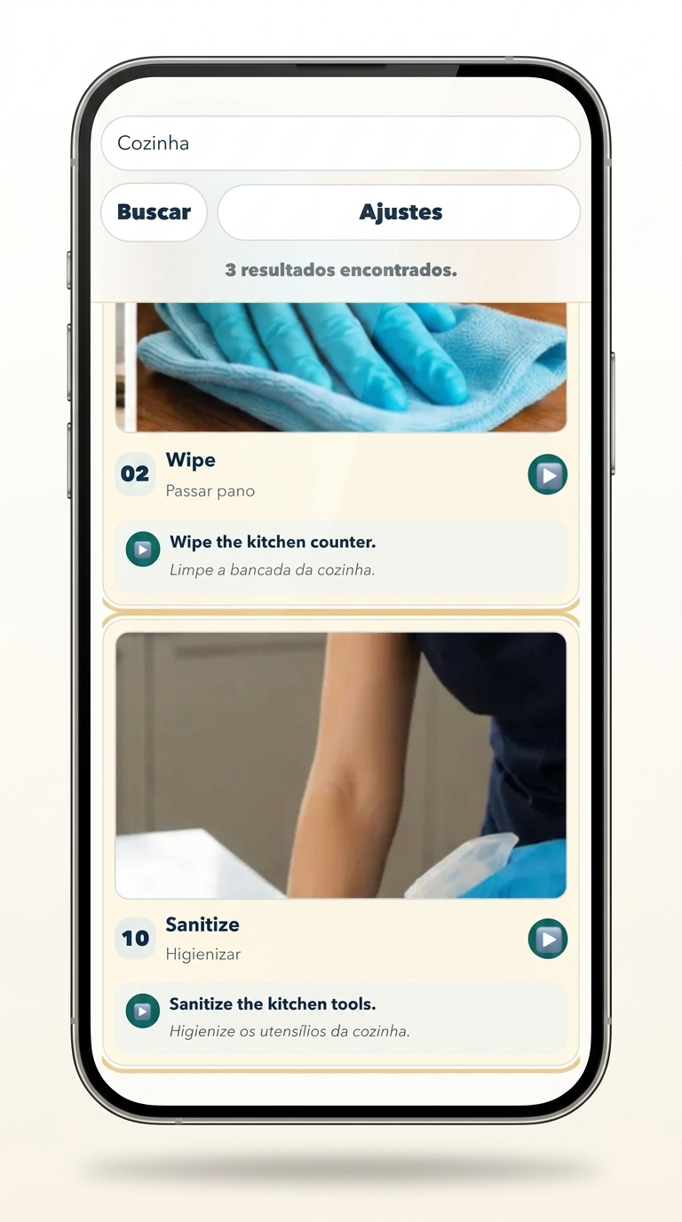 Cleaner English aberto no celular, com busca, palavras, frases e áudio
