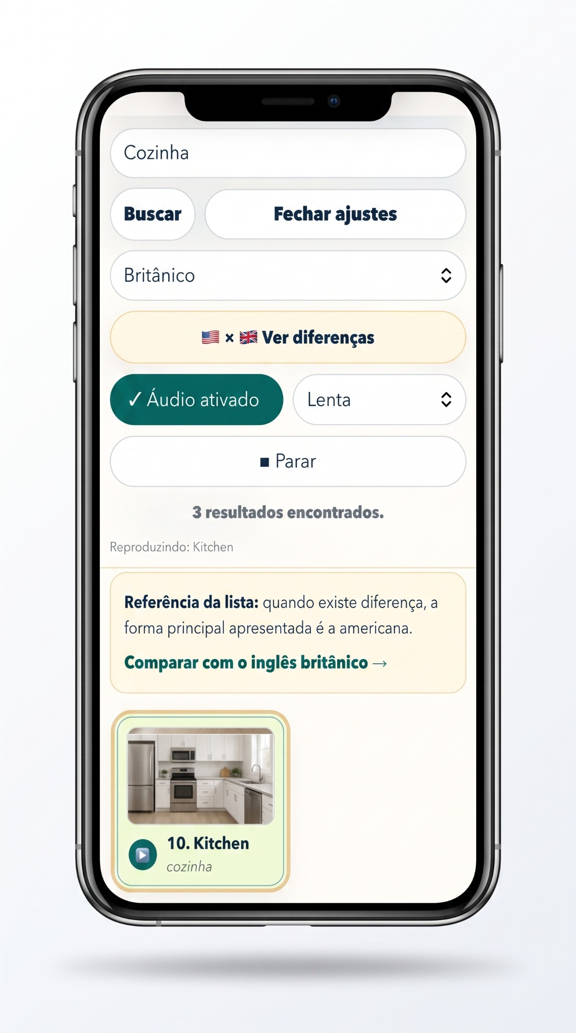 Tela do Cleaner English com configuração de áudio britânico