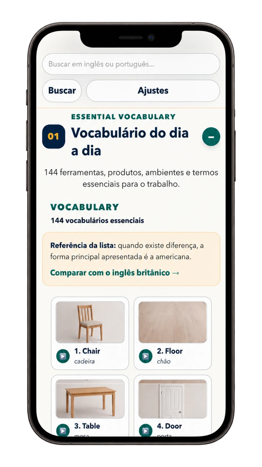 Tela de vocabulário do Cleaner English