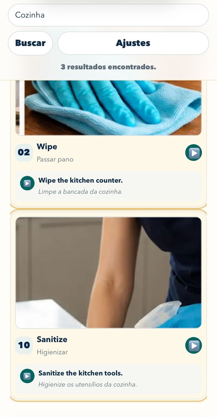 Busca por cozinha mostrando Wipe e Sanitize